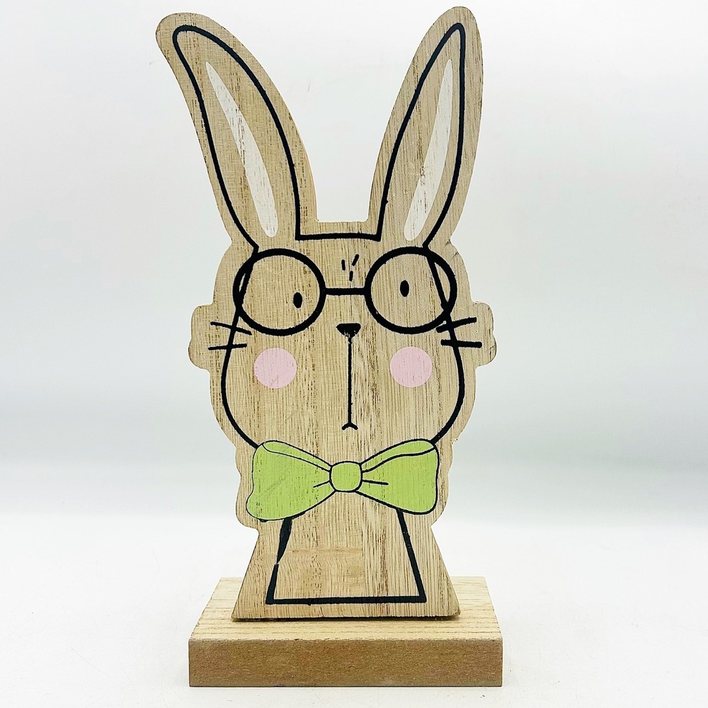 Wooden Bunny with Glasses with Wire Basket Back 8.5" H